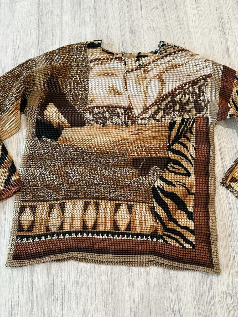 Vintage Brown Black Crinkle Animal Print Blouse Top - 90s Y2K Scrunch LS Shirt